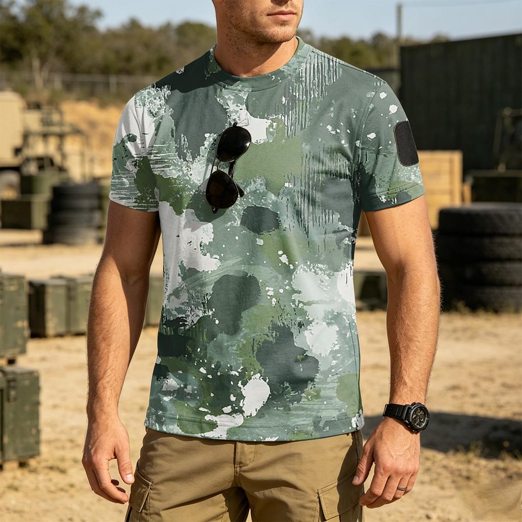 Men's Tactical Outdoor Quick Dry T Shirt Loose Fit Breathable Round Neck Short Sleeve Camouflage Print with Hook and Loop Patch Area