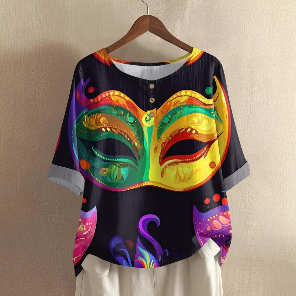 Women's Carnival Printed Casual Mid Sleeve Round Neck Cotton And Hemp Top