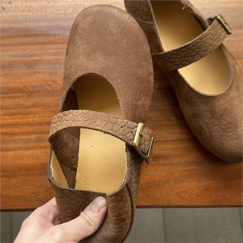 Johnature Genuine Leather Soft Soled Flats Retro Shallow Soft Cowhide Buckle Strap Women's Shoes