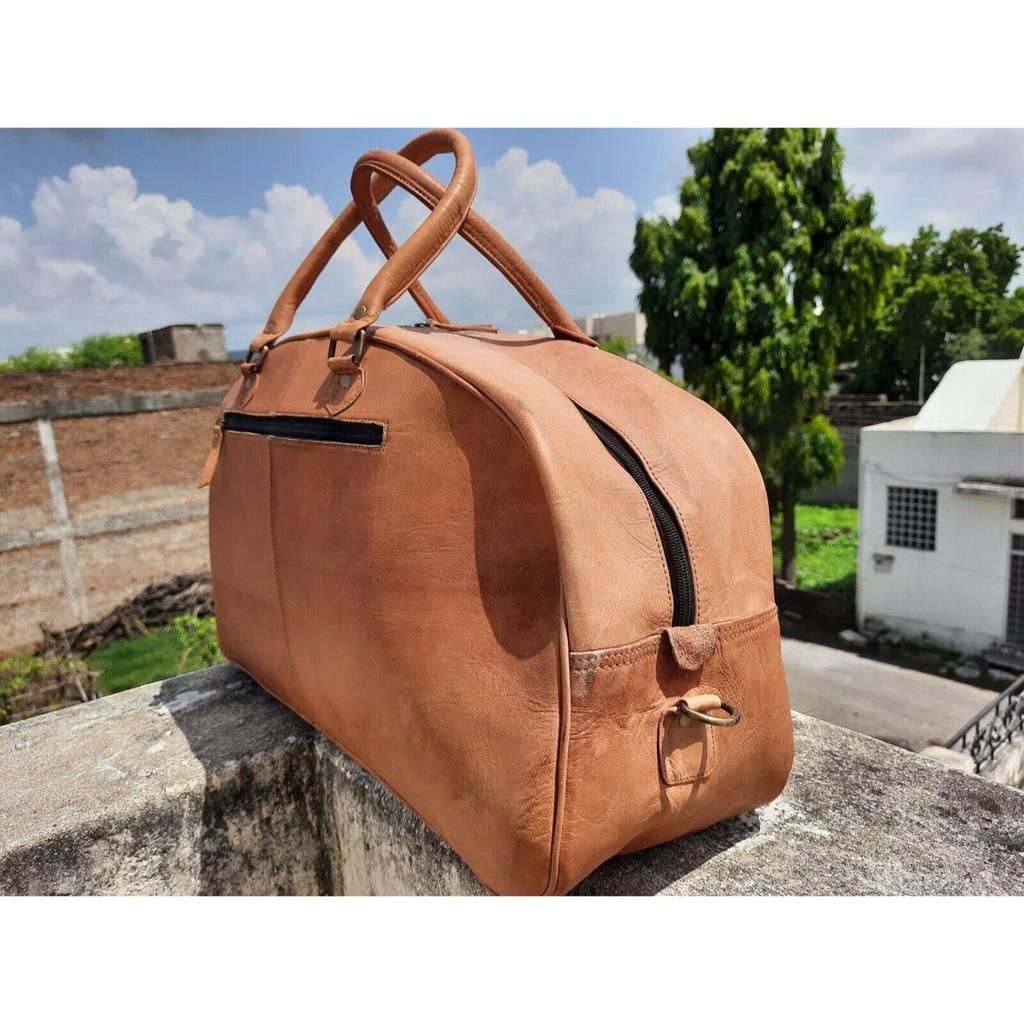 Men Brown Vintage Real Travel Luggage Duffle Gym Bags Tote Goat Leather