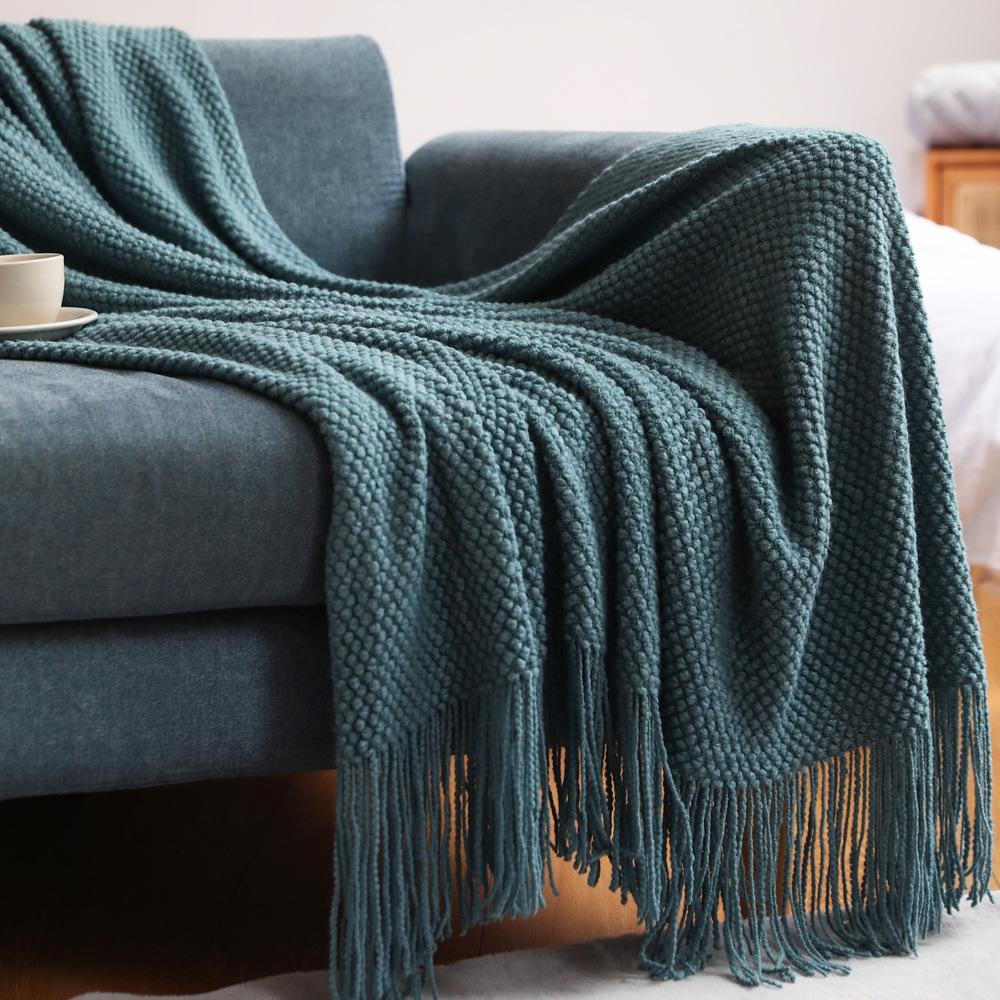 Nordic-style sofa throw blanket, office nap blanket, fringed knitted wool casual air conditioning thin blanket