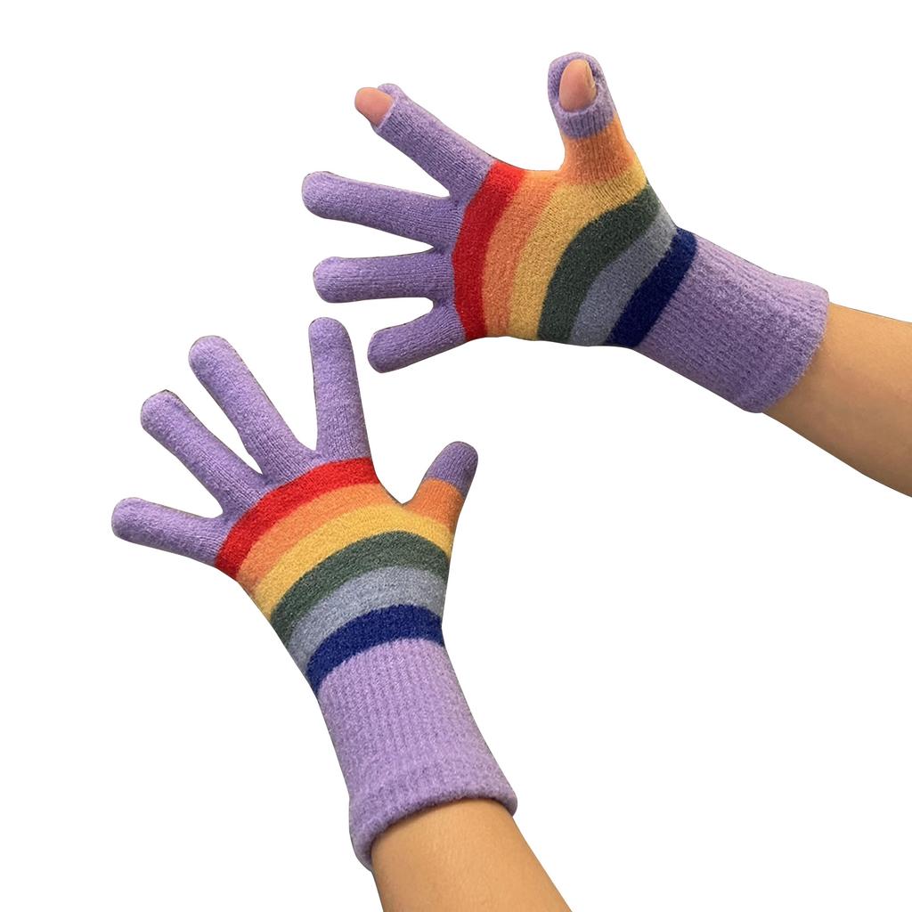 Girls 2 Finger Exposed Gloves Full Finger Warm Mittens with Striped Pattern Knitted Mittens for Women Winter Supplies