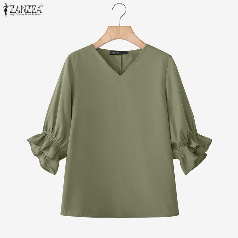 ZANZEA Summer Women V Neck 3/4 Sleeve Casual Loose Blouse