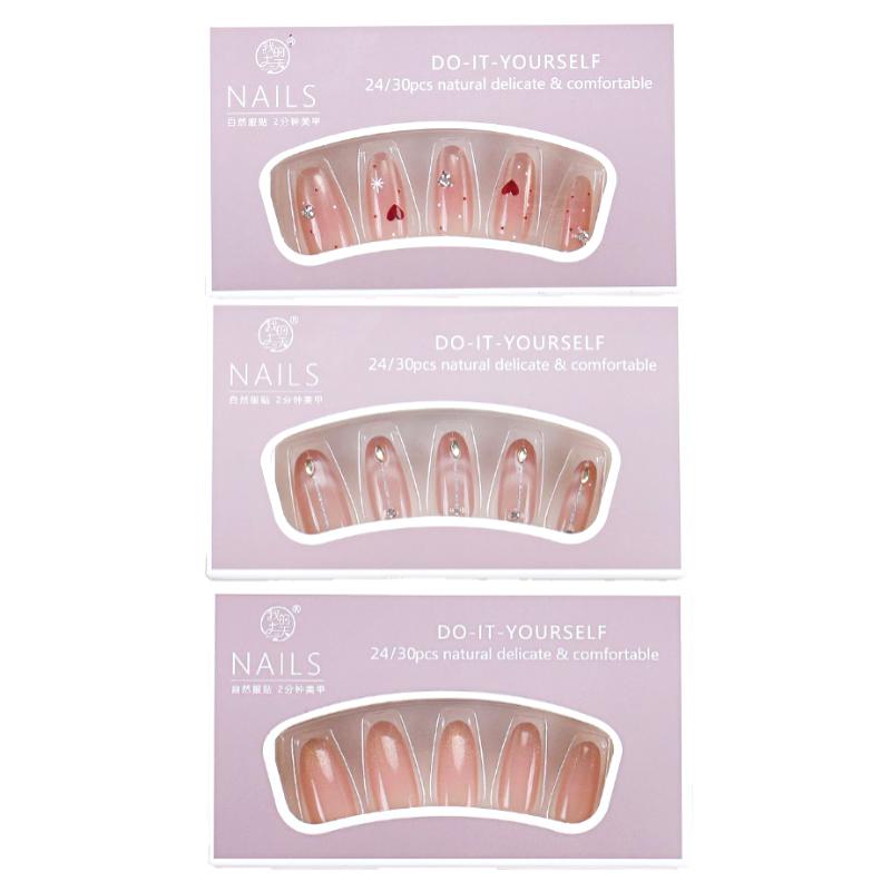 30Pcs Full Cover Removable Sparkling Rhinestone Reusable False Nails Elegant French Style Press On Nails Nail Art