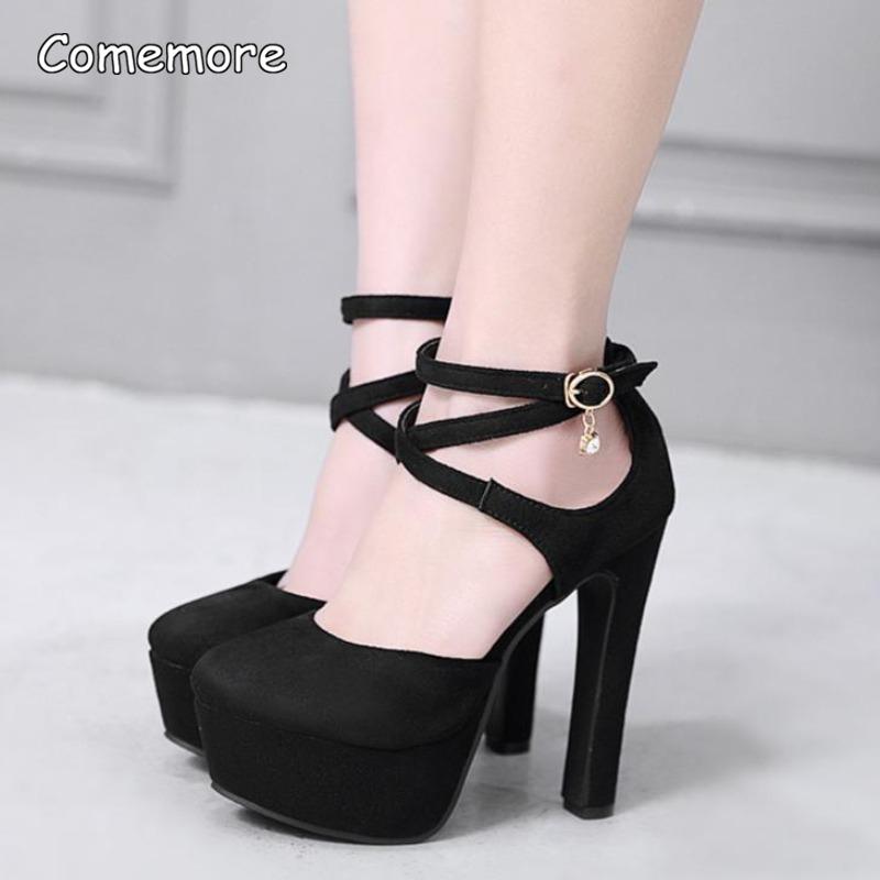 Zapatos de Salón de Tacón Alto de Piel de Ante Negra de 14 CM con Correas Cruzadas en el Tobillo Sandalias de Plataforma para Mujer Moda Primavera Otoño Elegantes