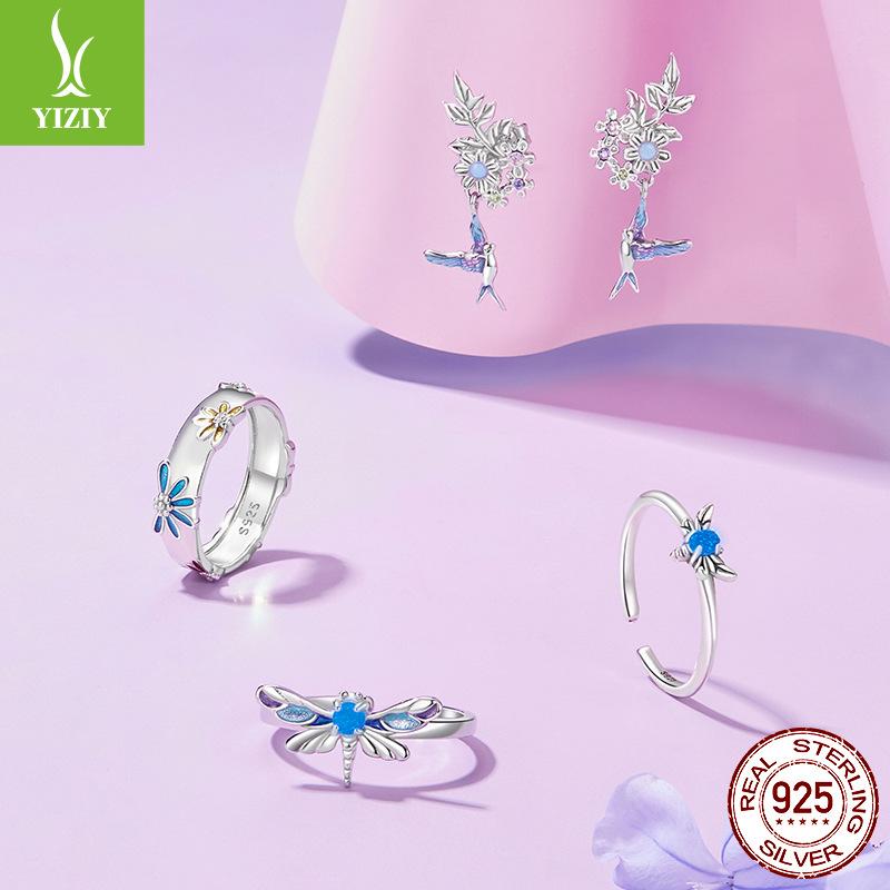 S925 Sterling Silver Dream Gradual Change Color Butterfly Dragonfly Luminous Stone Jewelry Set Female Niche Design Light Luxury