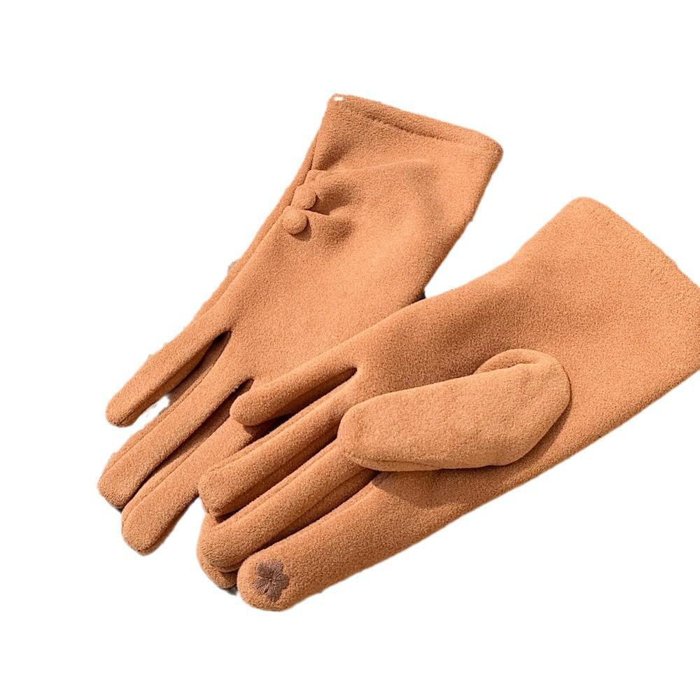 Solid Color Button Design Winter Gloves - Velvet Lined, Fashionable, Warm, Long Finger Cycling Gloves for Cold Protection