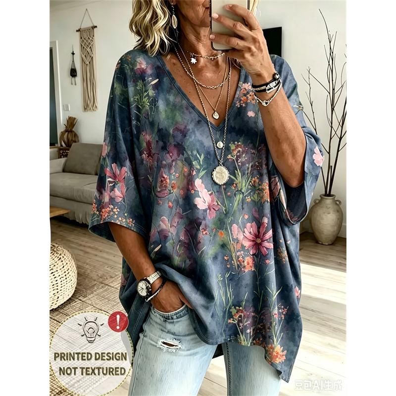 T-shirt da Donna Taglie Forti Scollo a V Maniche a Pipistrello Stampa Etnica Boemia Top Largo Estivo Comodo Traspirante Quotidiano Casual Stile Modellante