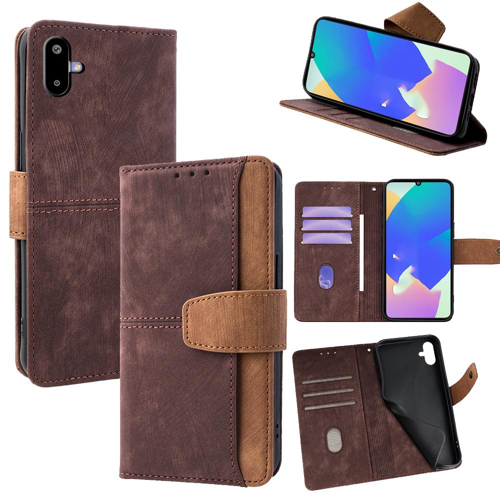 

For Samsung Galaxy F06 5G Case RFID Blocking Color Splicing PU Leather Wallet Phone Cover Brown