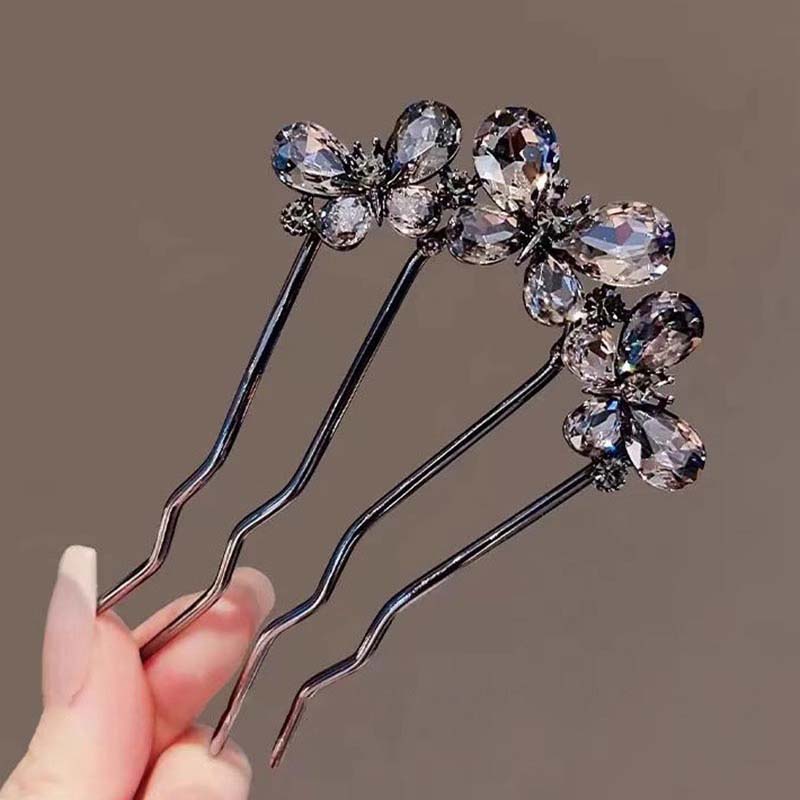Pente de Cabelo Borboleta de Strass de Luxo para Mulheres Vintage Elegante Metal em Forma de U Flor Grampo de Cabelo Pentes Acessórios de Cabelo Coque