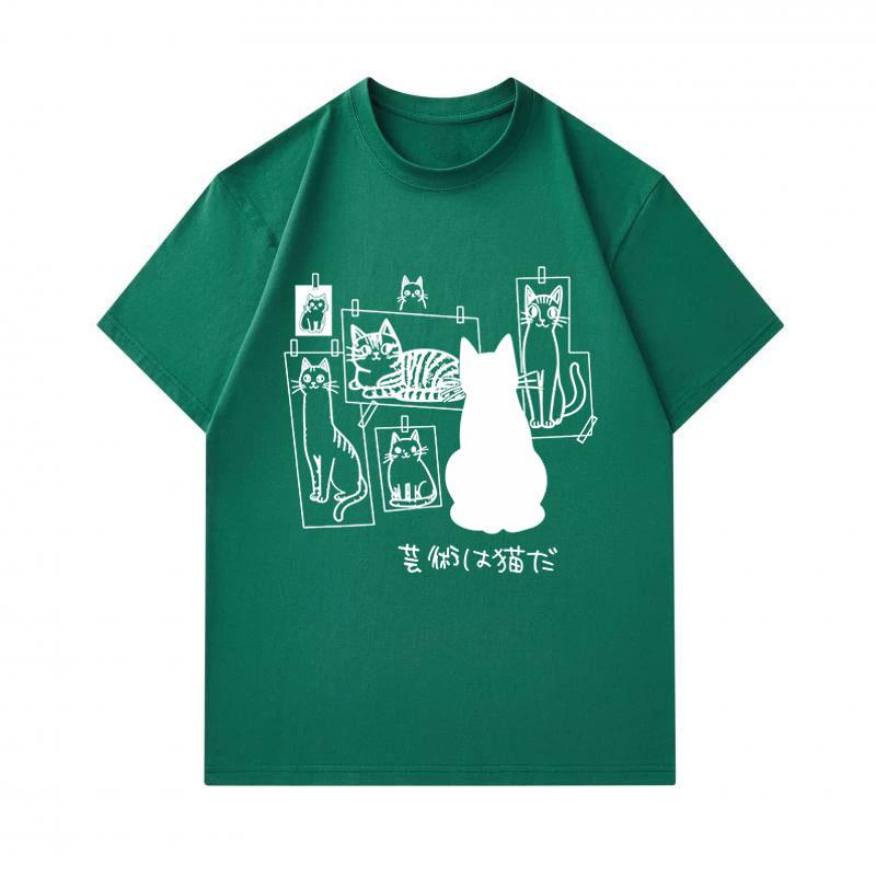 Men's 100% Cotton Crew Neck Short Sleeve T-Shirt, Cute Cat Art Pattern Casual Summer Tee, Comfortable Lightweight Daily Basic Tops for Cat Lovers
