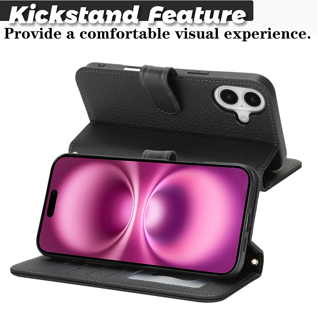 Dla iPhone 16 Plus Etui z podstawką Tekstura liczi Prawdziwa skóra bydlęca Portfel Pokrowiec na telefon Blokowanie RFID