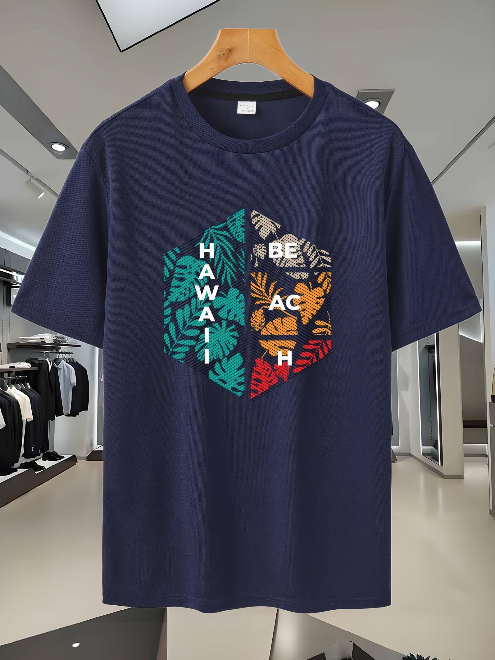 1G Breathable Mesh Sport T-shirt - Tropical Leaf Print Short Sleeve Tee with BEACH ACH Graphic S