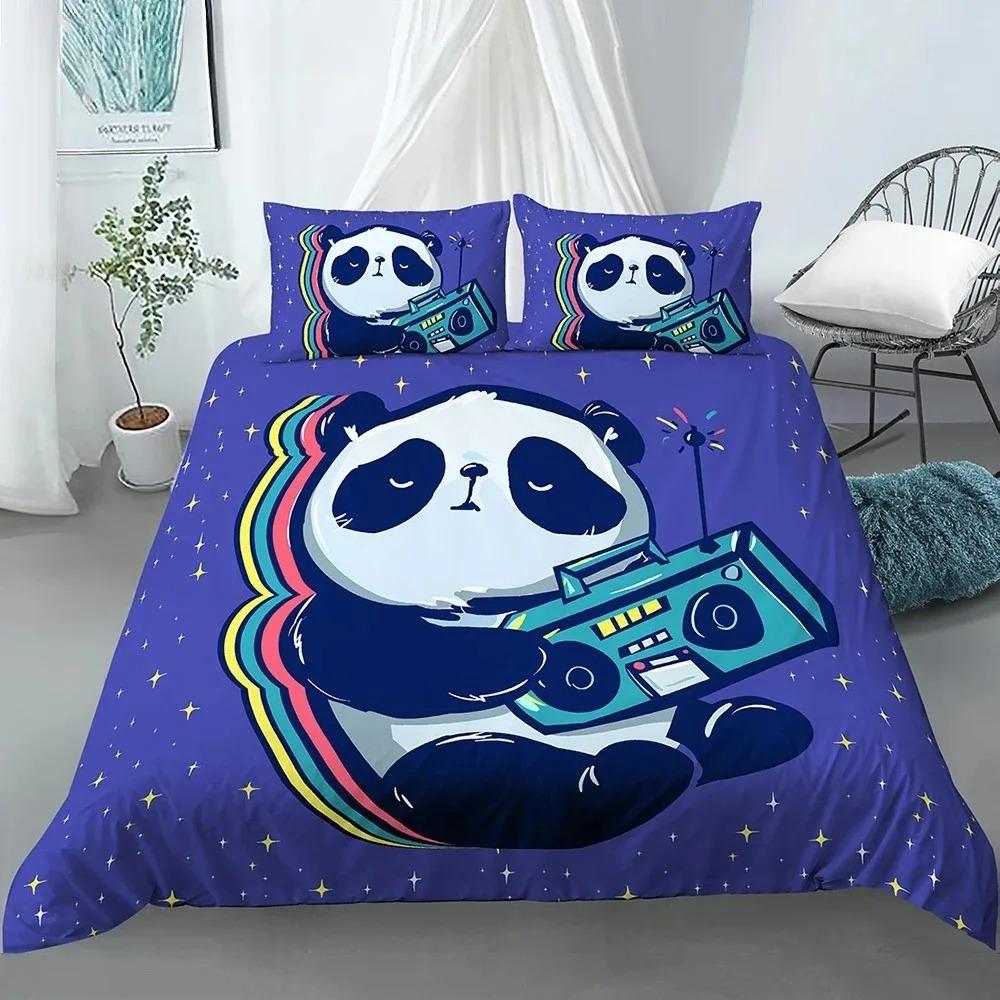 Cartoon Panda 3D Print Bedding Set White Kids Girls Duvet Cover Gift - 2/3pcs Twin Single Queen King Sizes Available