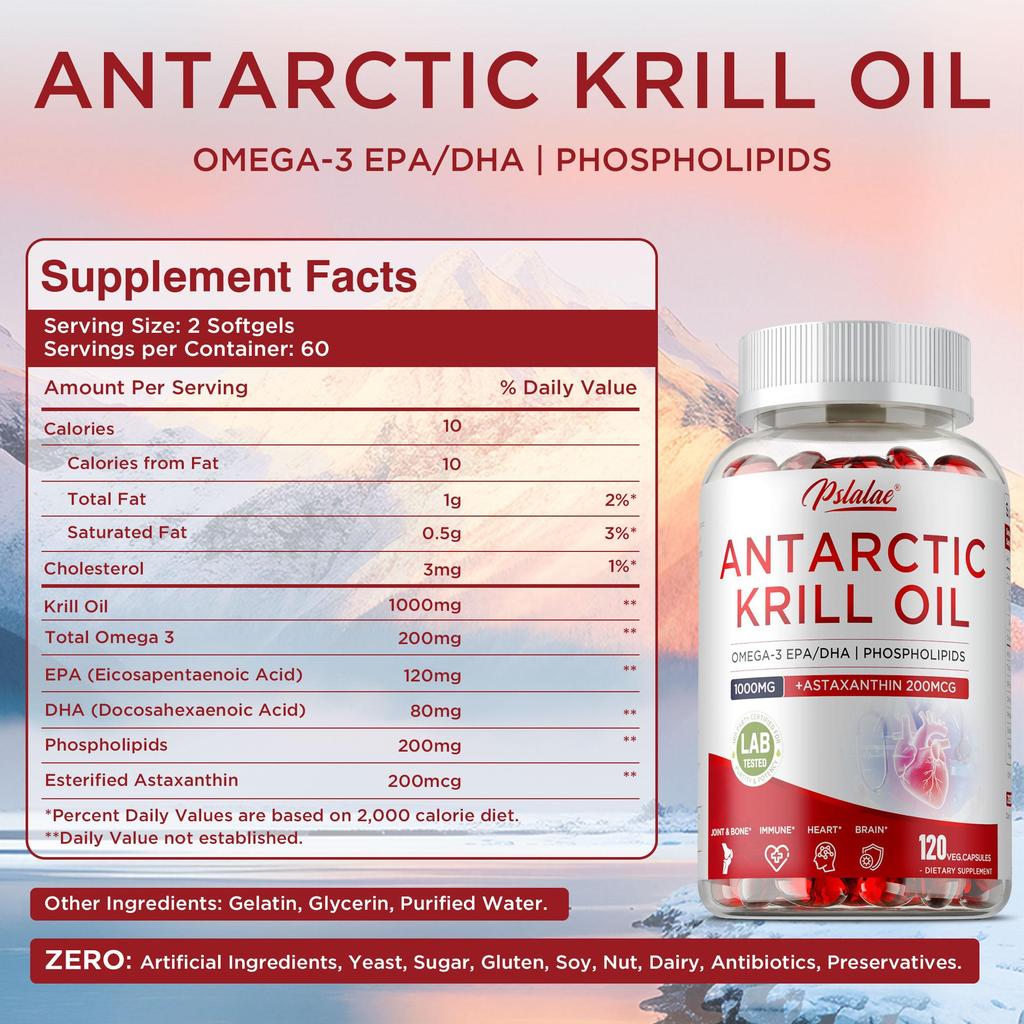 Olio di krill antartico 1000mg, contiene fosfolipidi Omega-3 e astaxantina, supporto antiossidante, adatto agli adulti.