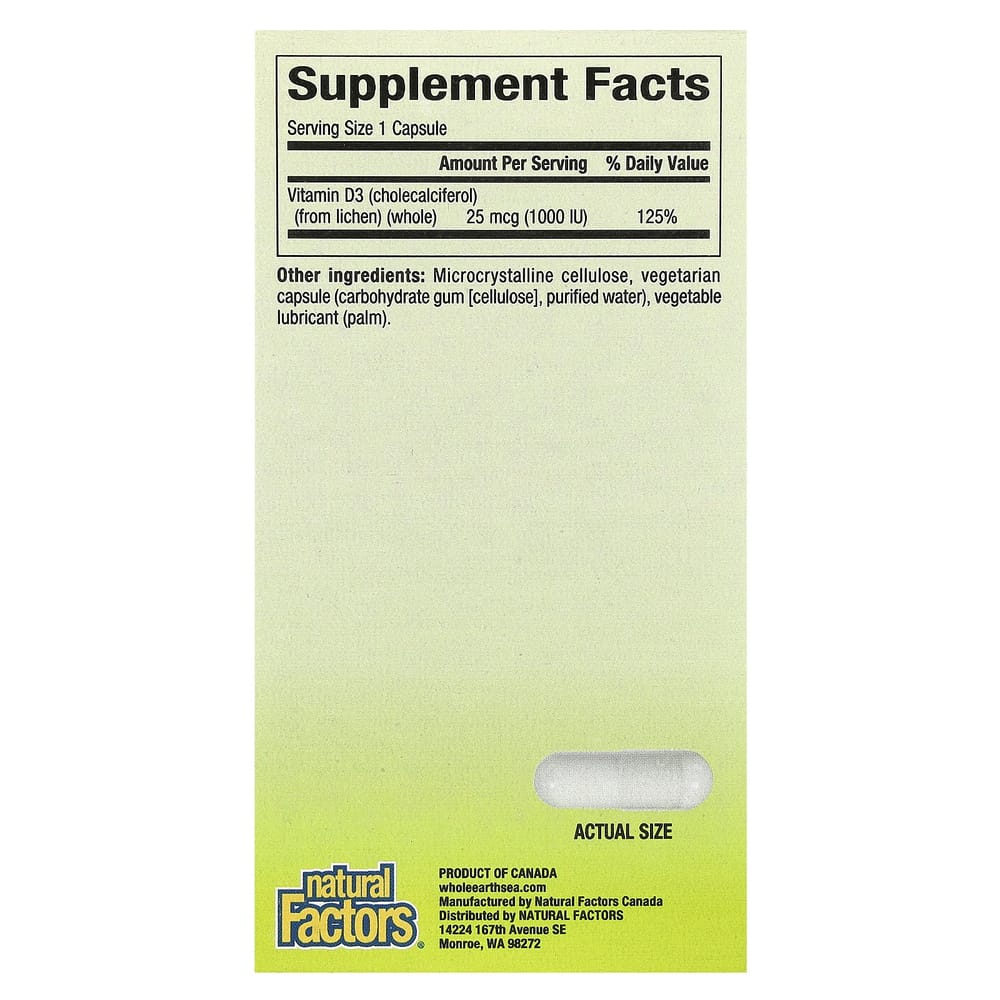 Natural Factors Whole Earth & Sea Vitamin D3 25mcg (1000 IU) Veggie Capsules, 90 Count