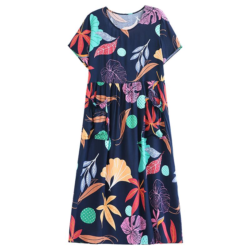 Vintage Print Long Dresses for Women Plus Size Short Sleeve Casual Summer Dress Elegant Middle-aged Women's Clothing