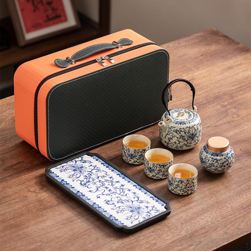 Blue and White Ru Kiln Lifting Beam Teapot Travel Kung Fu Tea Set Household Teacup Light Luxury Gift Box Business Companion Gift