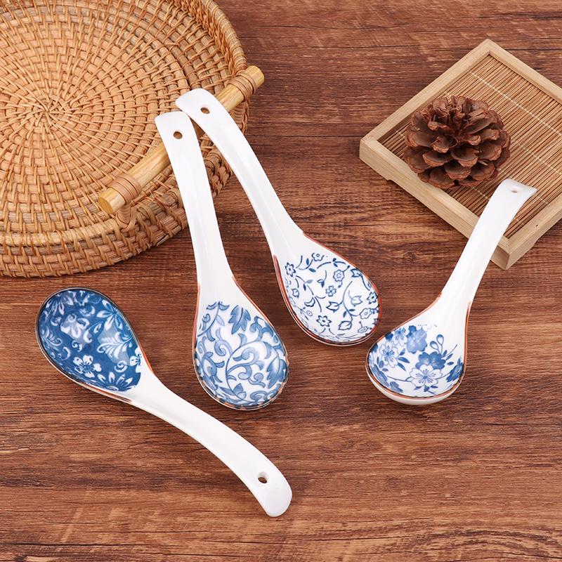 1Pc Blue And White Porcelain Soup Spoon Household Tableware Retro Japanese Style Ceramic Soup Spoons For Home Restaurant