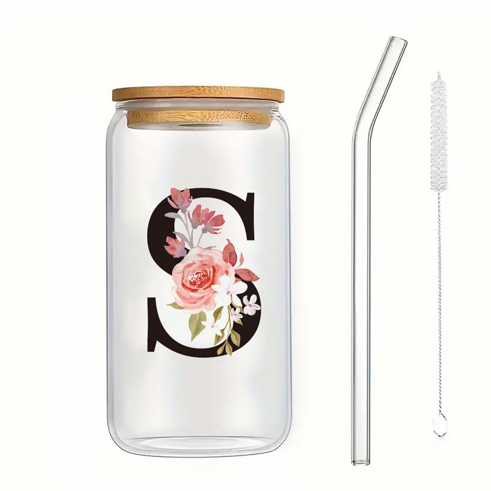 500ml Buchstaben Blume A-Z Kaffeetassen Büro Zuhause 16OZ Glastasse mit Bambusdeckeln & Strohhalm Geburtstags- Valentinstagsgeschenke Tasse Frauen