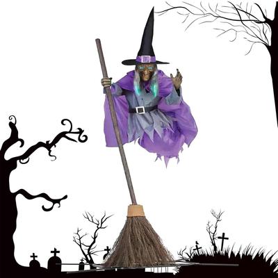 Latająca Wiedźma Dekoracja ze Strasznymi Dźwiękami i Światłami Halloween Latająca Wiedźma Dekoracja Miotła Czarodziej Dekoracja do Ogrodu Podwórka Trawnika Wnętrza
