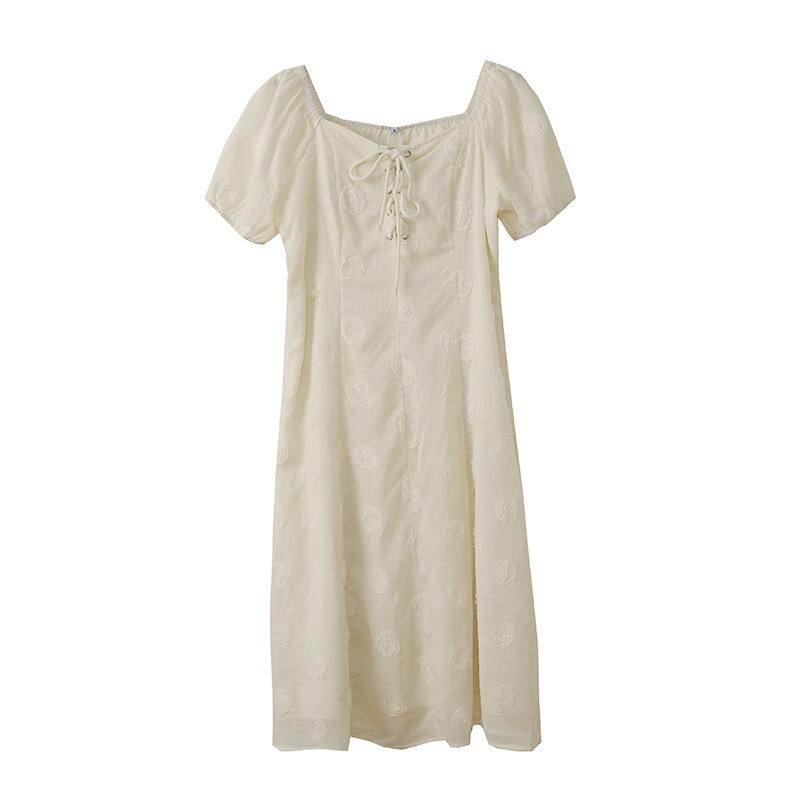 Large Size Women's French Gentle Embroidered Dress Summer New Waist Bubble Sleeve Long Dress 222249