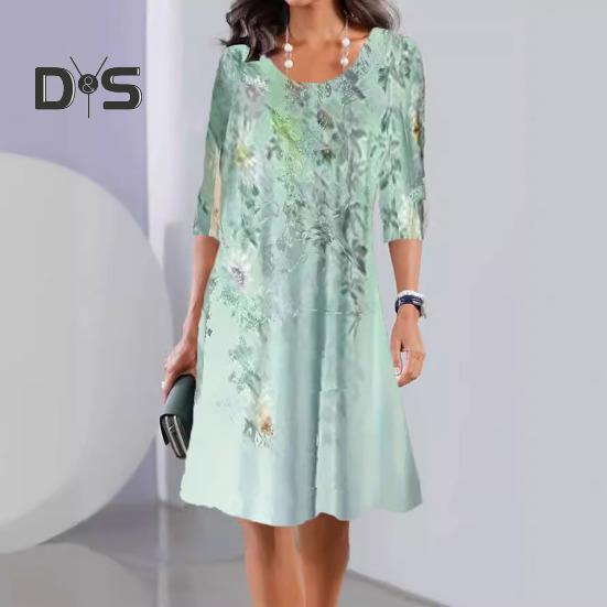 Sommerkleid für Damen, Rundhalsausschnitt, knielang, Blumendruck, A-Linie, lange Ärmel, Pullover, lässig, für den Alltag, langes Kleid zum Pendeln