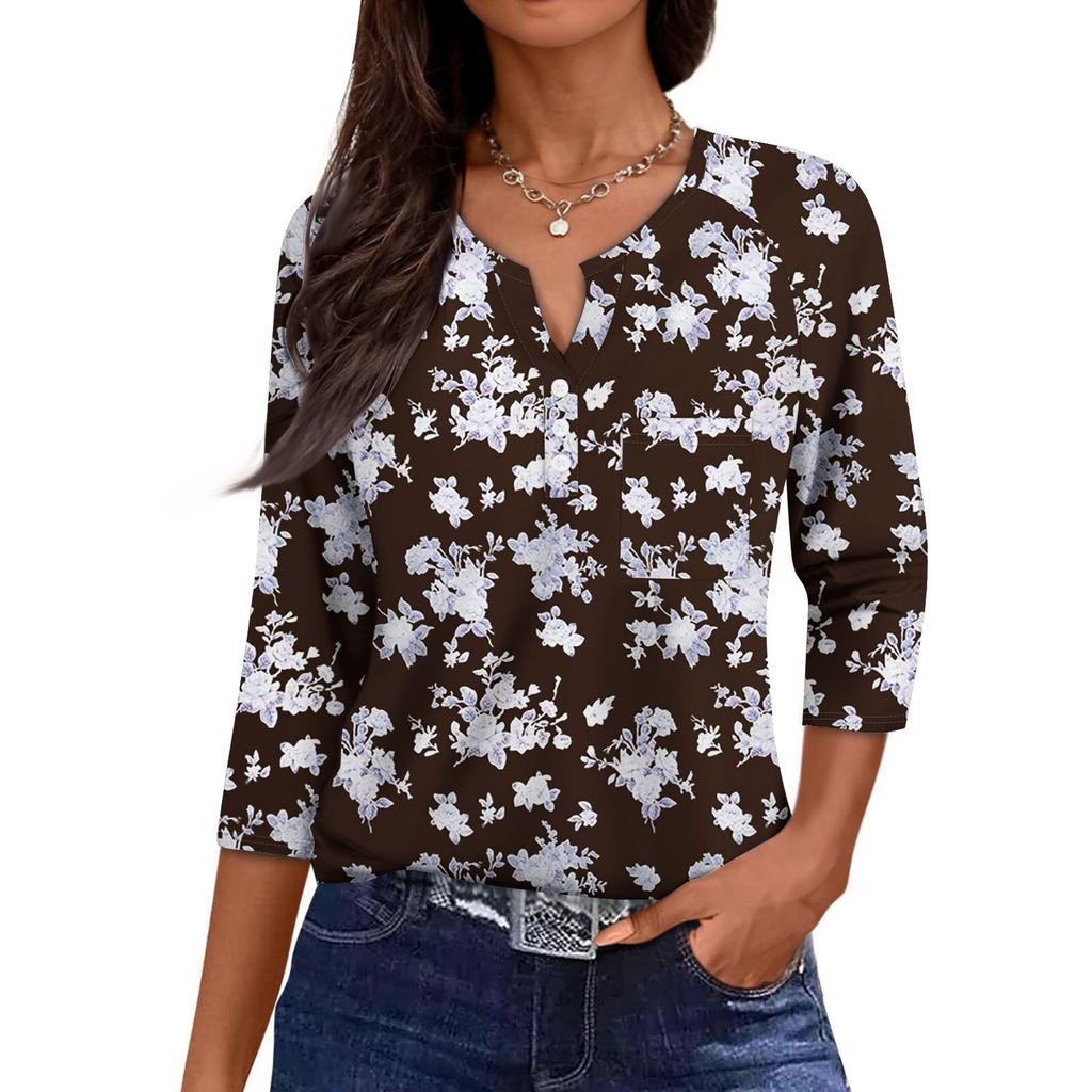 Damska Codzienna Modna Dekolt V Luźna Wszechstronna Kwiatowy Wzór Rękawy Trzyczwarte