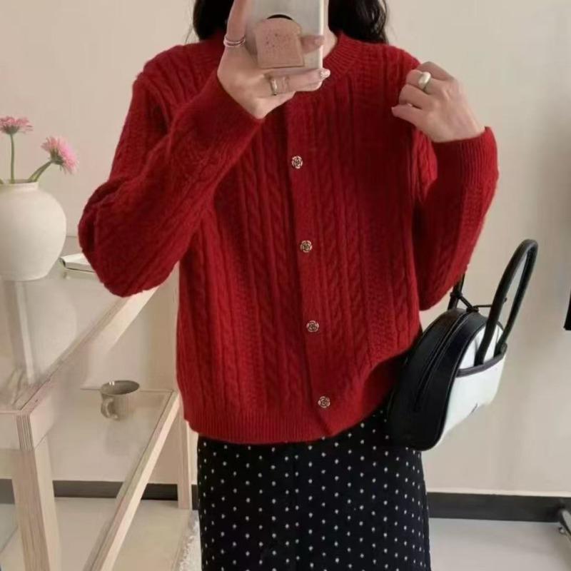 New twist texture woven round neck single-breasted simple long-sleeved loose-knit cardigan for women