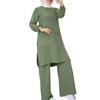 2024 Elegant Solid Color Muslim Women's Two-Piece Tracksuit with Double Stripe – Long Sleeve Shirt & Wide Leg Pants Set