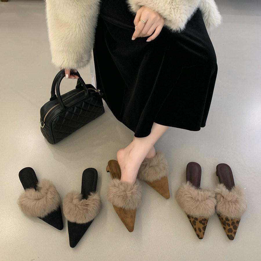 White Fluffy High Heels Pointed Slippers Women Wear Autumn and Winter Plush Fluffy Shoes Temperament Thin Heel Bag Head Sandals Men