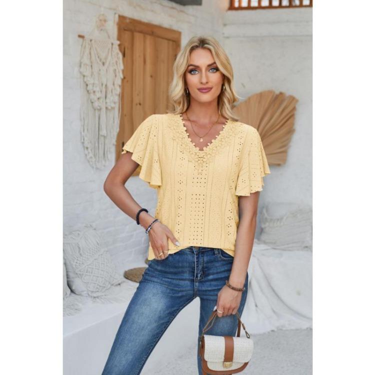 Women s Loose T-shirt Solid Color Ruffles Sleeves Lace V-neck Spring Summer Fashion New S жёлтый