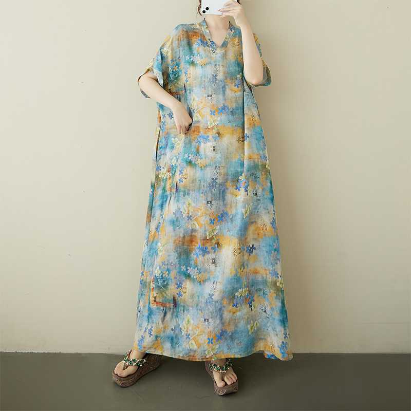 Short Sleeved Linen Cotton Dress, Women's Plus Size Casual Dress