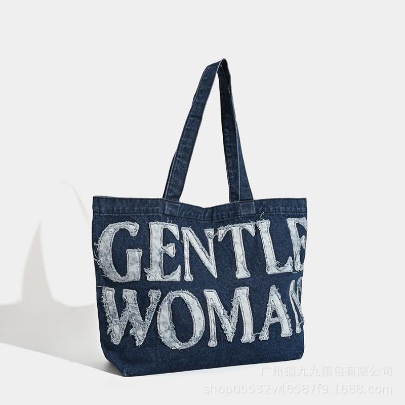 

Large-capacity Single-shoulder Canvas Bag Artistic Retro Jeans Letter Sticker Tote чёрный