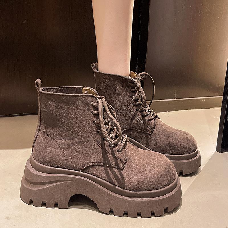 Thick-soled heightening Martin boots women's 2025 autumn new side zipper retro locomotive boots small lace-up short boots