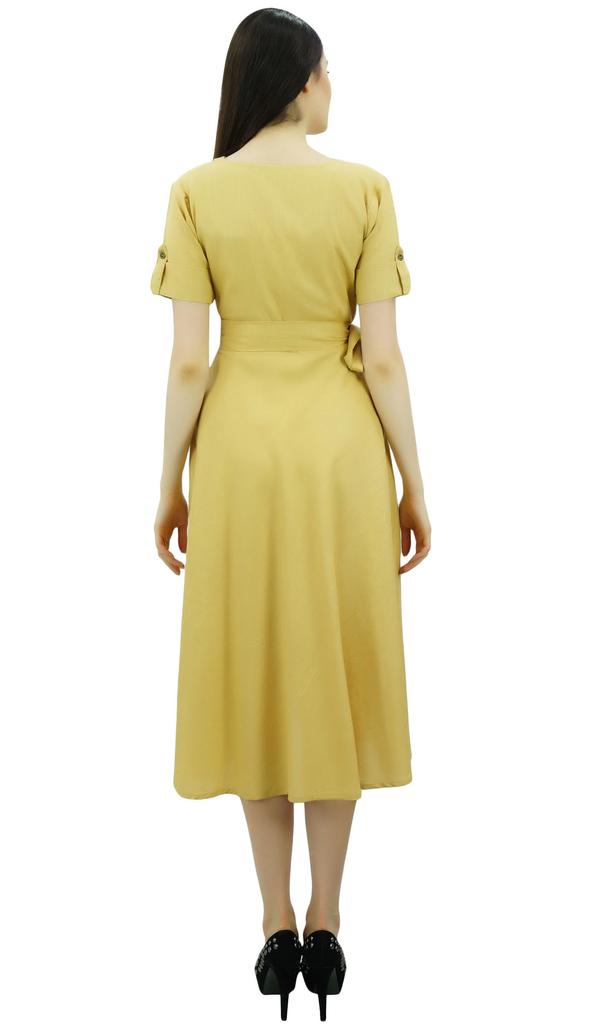 Bimba Damen Kurzarm Leinen Etuikleid Mit Gürtel Freizeitkleider