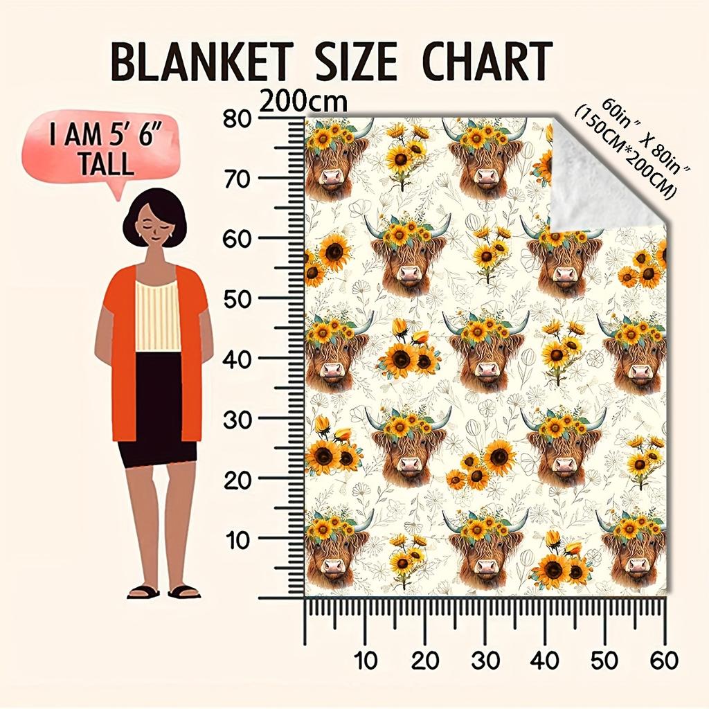 Custom Highland Cow Blanket Sunflower Floral Design Personalized Name Fleece Throw All Season Soft Warm Bedding Home Decor Gift