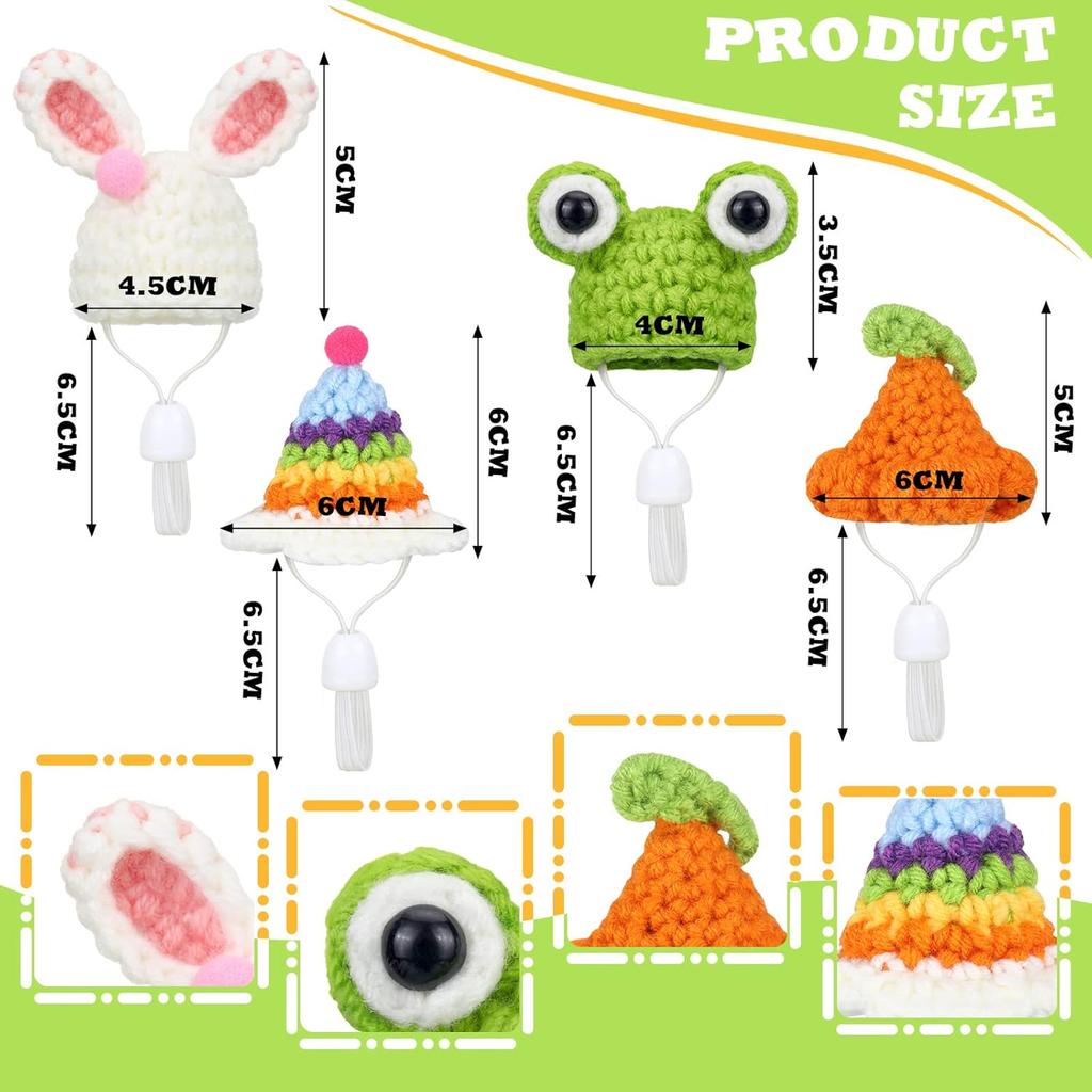 4 Pieces Hamster Hat Mini Small Animals Hat with Adjustable Strap Lovely Hand Knitted Frog Rainbow Carrot Tiny Hats for Lizard Guinea Pig Reptile