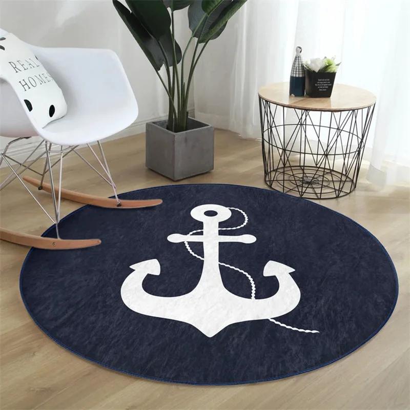 Marine Round Rug Compass Floor Carpet Wheel Non Slip Circle Rugs Sailor Anti Slip Mat Anchor Area Rugs Blue Rug for Living Room