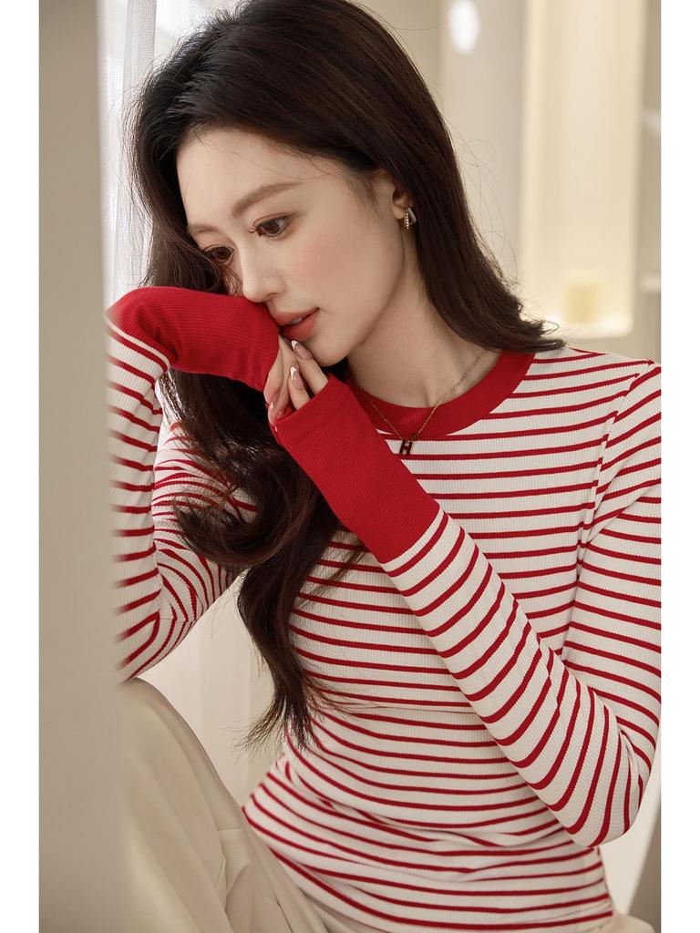 Premium Color Block Gestreiftes T-Shirt: Damen Langarm Oberteil aus reiner Baumwolle für die Herbst-/Wintermode 2025