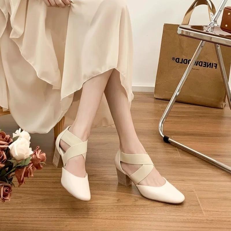 Fashion Round Toe Women's Sandals 2025 Women Pumps French Style Summer Lady Spring Autum Retro Shallow Mouth Square Thick Heel