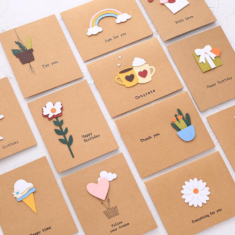 

12pcs 3D Greeting Card Retro Cowhide Blank Small Card Flower Rainbow Ice Cream Holiday Wishes Thank You Birthday Message Card