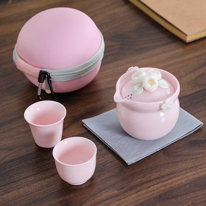 

Portable pinched flower travel tea set small set souvenir gift women s pink express cup two cups for one person gift-giving gift