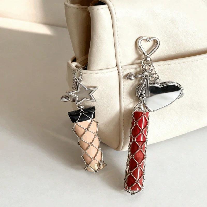 1pc Key Chain Charm Bag Accessories Net Pocket Interchangeable Stainless Steel Lip Balm Bag Keychain Lipstick Bag