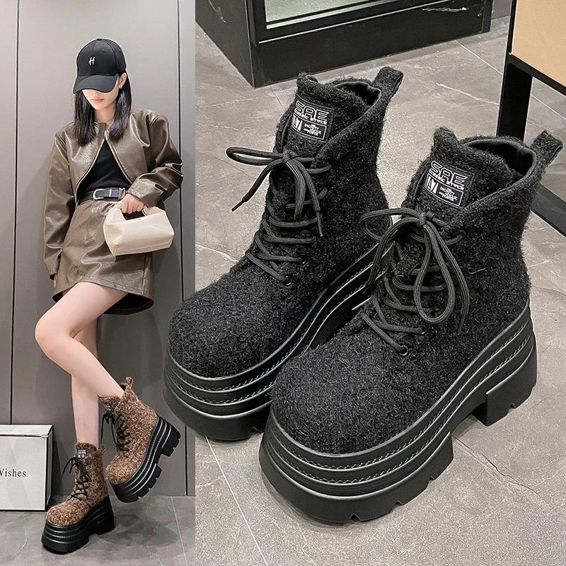 Fashion 10CM Women's Chunky Mid-calf Boots Autumn Leather Hidden Heels Sneakers Winter Waterproof Boots Heels Platform Motorcycle Boots