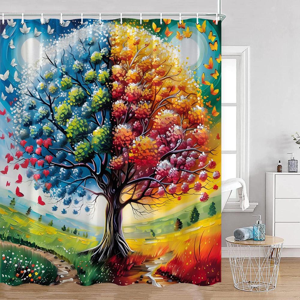Jahreszeiten Baum Ölgemälde Duschvorhänge Fantasy Baum Wald Bunt Aquarell Blätter Badezimmervorhang Polyester Badezimmerdeko