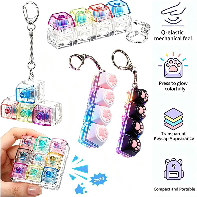 NEUER LED-Tastatur-Schlüsselanhänger Fidget Spielzeug Kristall Clicker Sensorisches Spielzeug zur Stressbewältigung Tastatur-Schlüsselanhänger Fidget Spielzeug für Erwachsene Kinder
