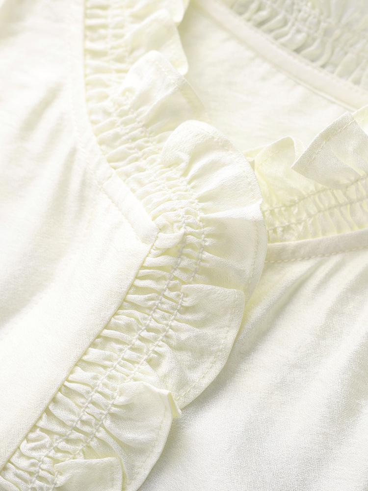 Nanyou Hofstil Tencel-Hemd: Damen Elegantes Krepp-Gefühl, Holzohr-Rand, Stehkragen, Frühlings-Oberteil