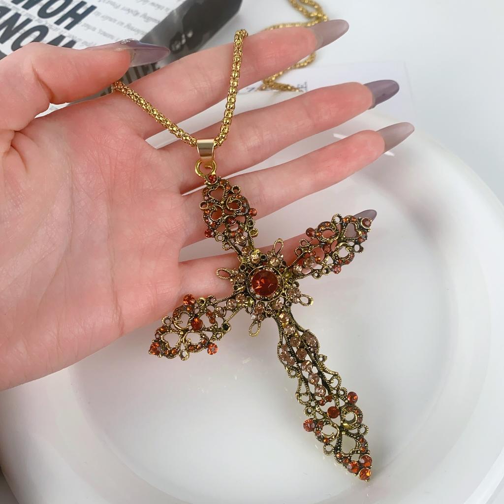 Dark rhinestone cross pendant sweater chain retro sweet cool style personality hip hop street men's and women's necklace collarbone chain