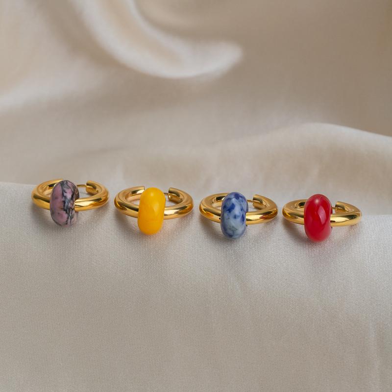 1 Pair Gold Plated Hoop Earrings with Colorful Natural Stone Pendants for Women Daily Casual Wear Fashion Jewelry